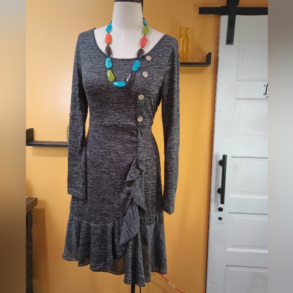 Dressfo Gray Long Sleeve A Line line Ruffle Dress Size XL